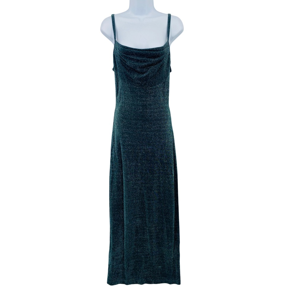 🛍️ All That Jazz Maxi Dress Women Teal Glitter Cowl Neck Vintage Y2K